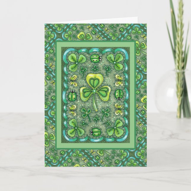 CARTES POUR FÊTES ANNUELLES ST. PATRICK'S DAY FOLK ART SHAMROCKS N'LADYBUGS (Devant)