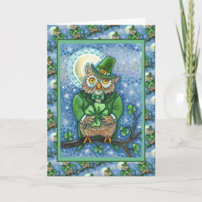 CARTES POUR FÊTES ANNUELLES ST. PATRICK'S DAY OWL, 4 HORLOGE LEPRECHAUN (Devant)