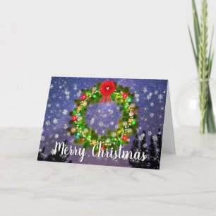 Cartes Pour Fêtes Annuelles Starry Snowy Night Wreath de Noël Personnalisé