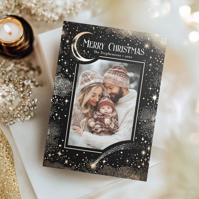 Cartes Pour Fêtes Annuelles Stars Celestial Magie Joyeux Noël Photo (Black Christmas Photo Card)