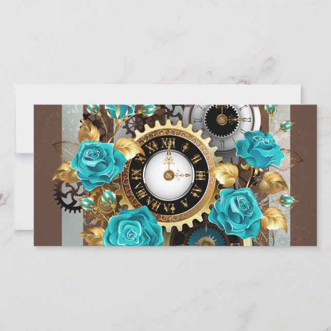 Cartes Pour Fêtes Annuelles Steampunk Clock and Turquoise Roses on Striped (Devant)
