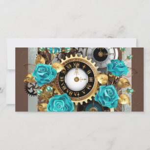 Cartes Pour Fêtes Annuelles Steampunk Clock and Turquoise Roses on Striped