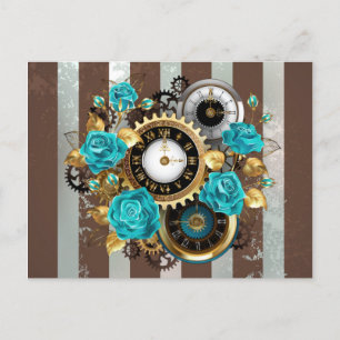 Cartes Pour Fêtes Annuelles Steampunk Clock and Turquoise Roses on Striped