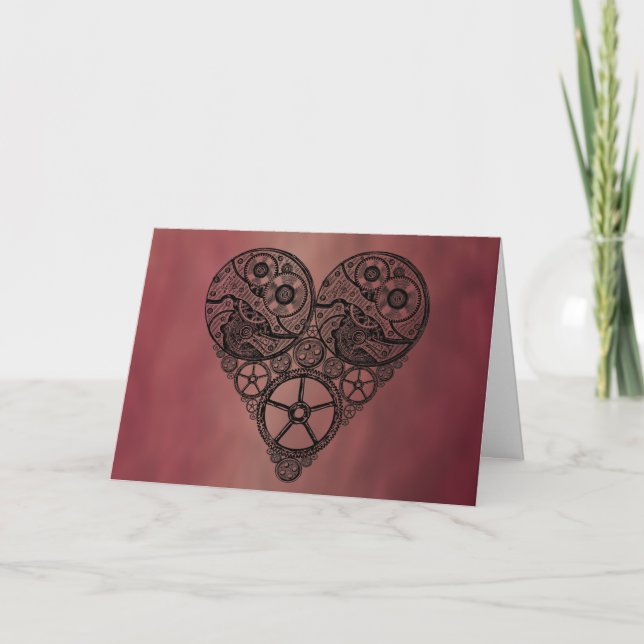 Cartes Pour Fêtes Annuelles Steampunk Horloge OEuvres et Coeur d'engrenage (Devant)