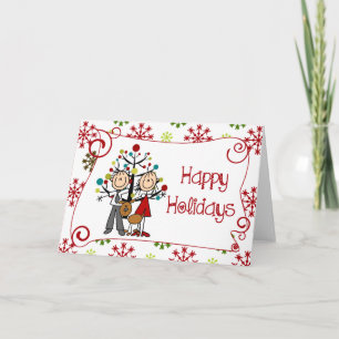 Cartes Pour Fêtes Annuelles Stick Figure Couple Avec Chien Noël Vacances