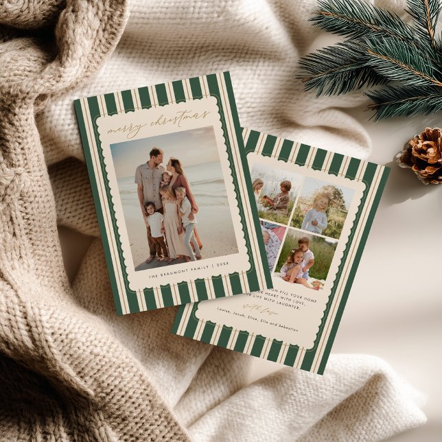 Cartes Pour Fêtes Annuelles Striped and Scalloped Christmas Card with Photo (Créateur téléchargé)