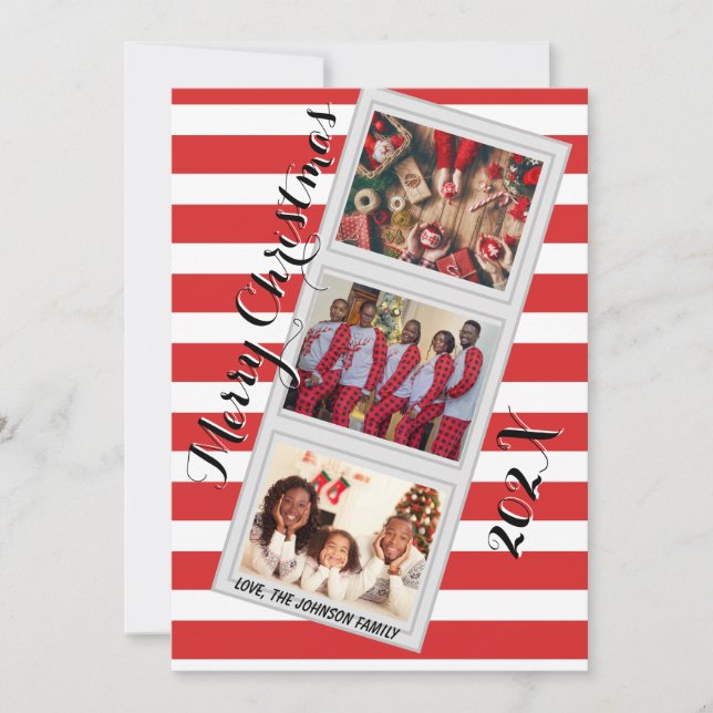 Cartes Pour Fêtes Annuelles Striped Christmas Photo Card with Three Pictures (Devant)