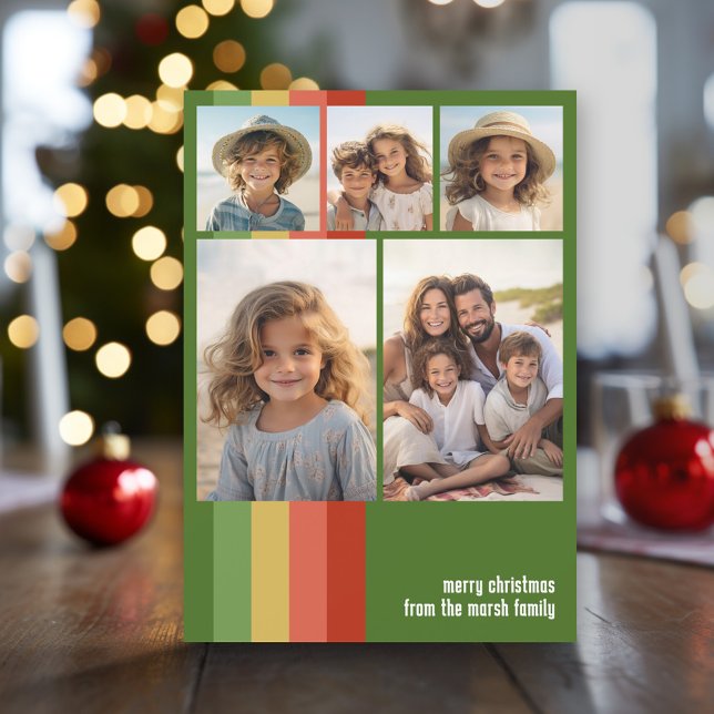 Cartes Pour Fêtes Annuelles Stripes Boho Chaudes - 5 Photo Collage (Modern Christmas Photo Greeting Card)