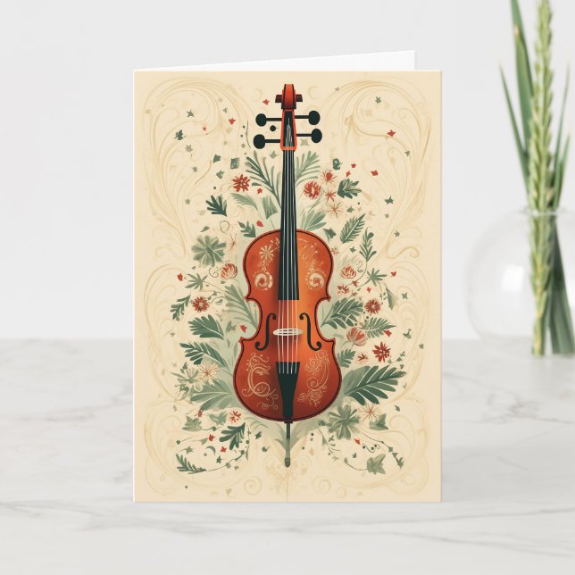 Cartes Pour Fêtes Annuelles Style d'art populaire Scandi Noël Verdure Cello (Devant)