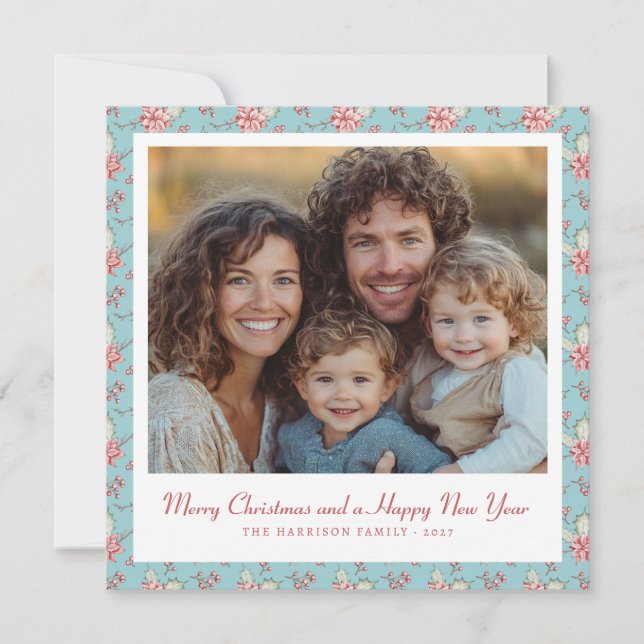 Cartes Pour Fêtes Annuelles Style Duck Egg bleu et rose Holly Photo (Devant)