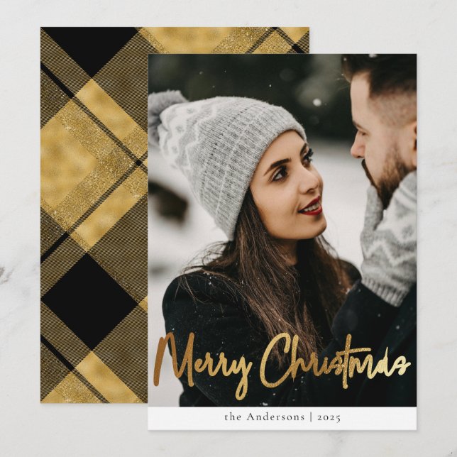 Cartes Pour Fêtes Annuelles Style moderne Black Gold Plaid Photo de Noël (Devant / Derrière)
