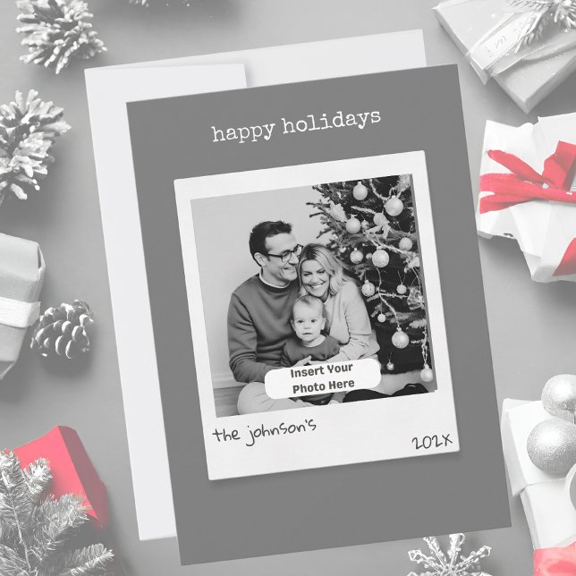 Cartes Pour Fêtes Annuelles Style rétro Photo gris personnalisé Noël (Modern retro photo style personalized dark gray flat christmas card)