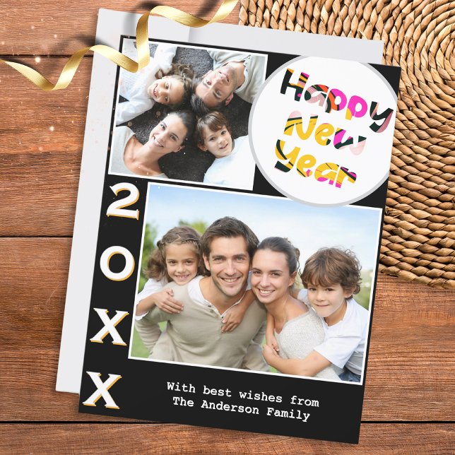 Cartes Pour Fêtes Annuelles Stylish 2 Photos Personnalisées Bonne année (A stylish card with 'Happy New Year' greeting, to personalize with 2 photos, year number and name(s))
