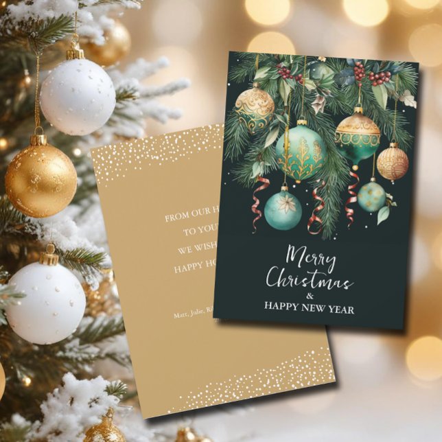 Cartes Pour Fêtes Annuelles Stylish Christmas Tree Ornaments (Chic green and gold Christmas tree ornaments flat holiday greeting cards, message on the back)
