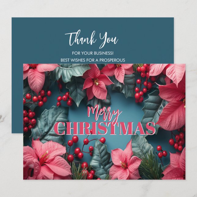 Cartes Pour Fêtes Annuelles Stylish Pink Poinsettias Business Logo Christmas (Devant / Derrière)