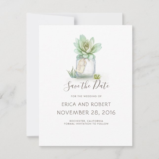 Cartes Pour Fêtes Annuelles Succulent Mason Jar Enregistrer la date Télécharge (Devant)