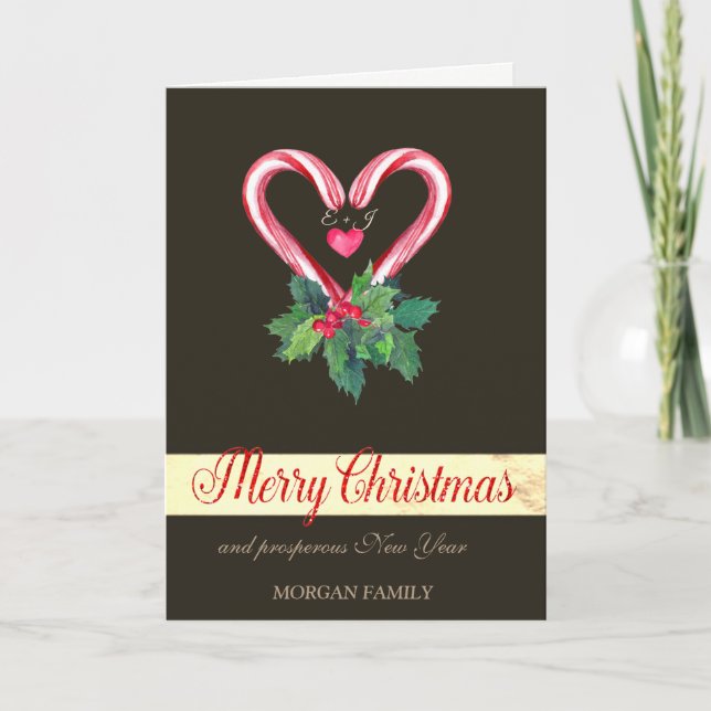 Cartes Pour Fêtes Annuelles Sucres de canne, Berry Holly, Amour, Monogramme (Devant)