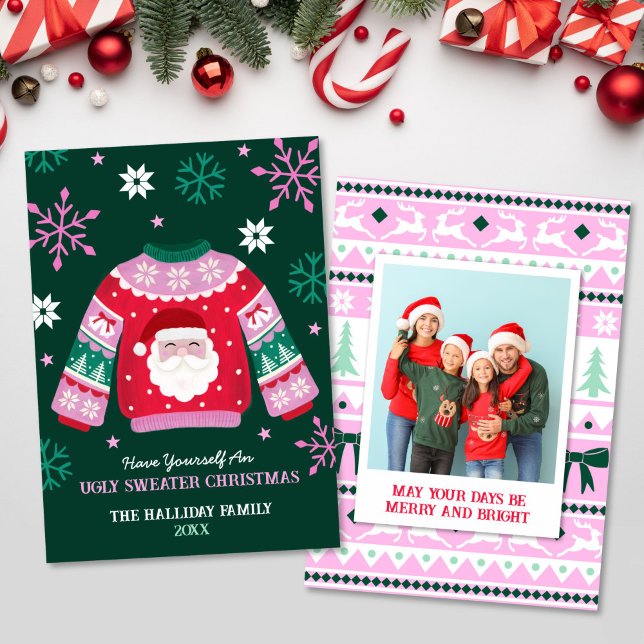 Cartes Pour Fêtes Annuelles Sweat moche avec Père Noël & Snowflakes Family Pho (Ugly Sweater with Santa & Snowflakes Family Photo Holiday Card)