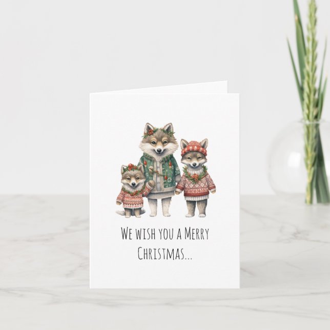 Cartes Pour Fêtes Annuelles Sweater portant la famille Wolf plié (Devant)