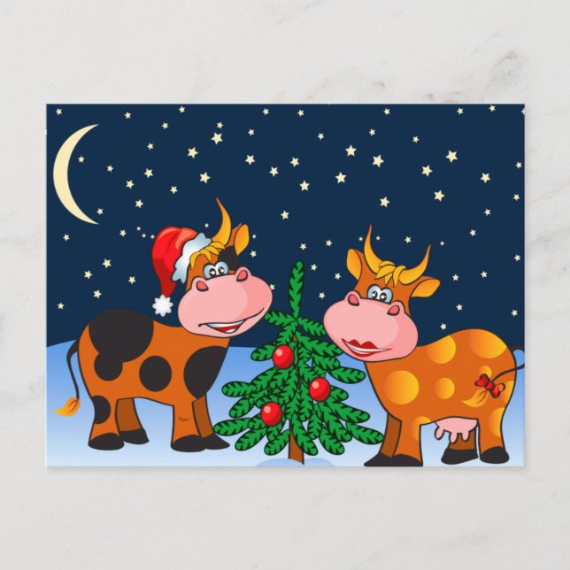 Cartes Pour Fêtes Annuelles Sweet Joyeux Couple de vache de Noël par sapin de  (Devant)