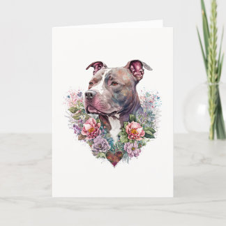 Cartes Pour Fêtes Annuelles Sweet Pit Bull Chien avec Fleurs Saint Valentin