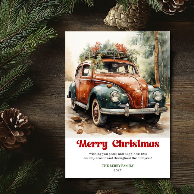 Cartes Pour Fêtes Annuelles Sweet rustic Christmas scene red car winter (Sweet rustic Christmas scene red car winter Holiday Card )