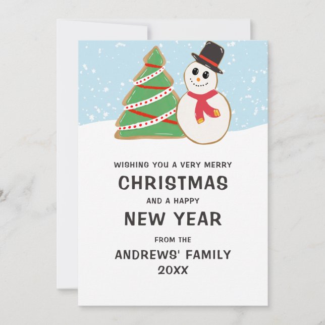 Cartes Pour Fêtes Annuelles Sympa Snowman Tree Cookie Illustration Noël (Devant)