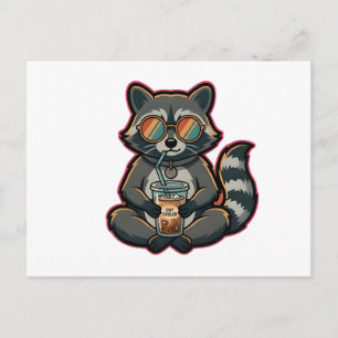 Cartes Pour Fêtes Annuelles T-Shirt Raton Laveur Sympa Buvant un Café Glacé au