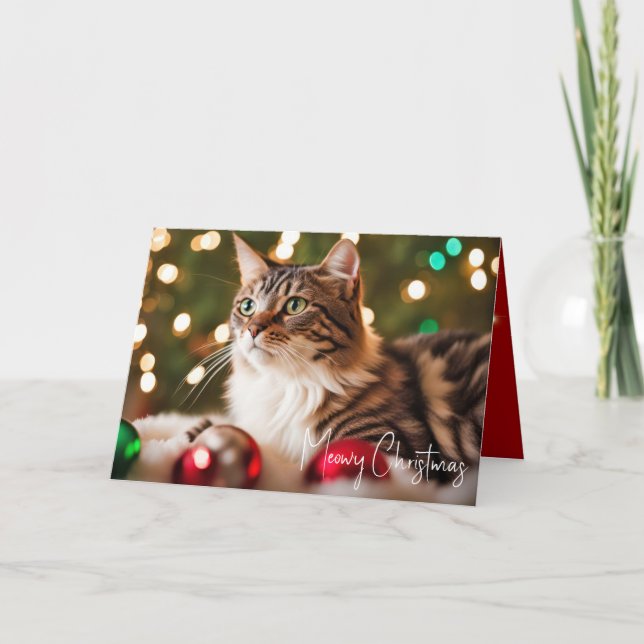 Cartes Pour Fêtes Annuelles Tabby Chat Avec Ornements De Noël (Devant)
