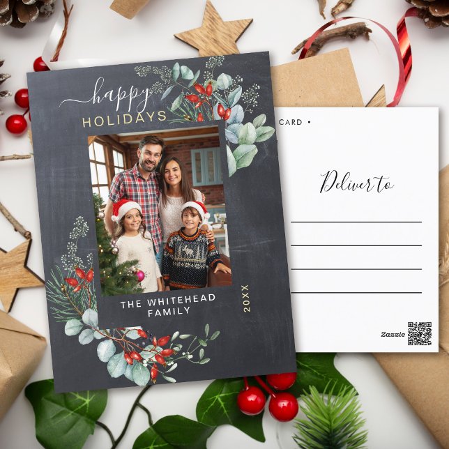 Cartes Pour Fêtes Annuelles Tableau de bord vert aquarelle (You will love these beautiful Christmas cards! They feature botanical watercolor pine and berries.)