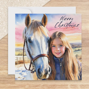 Cartes Pour Fêtes Annuelles Tableau de Noël au cheval et à la fille à l'aquare