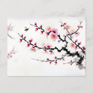 Cartes Pour Fêtes Annuelles Tableau d'encre asiatique en fleurs de cerisier