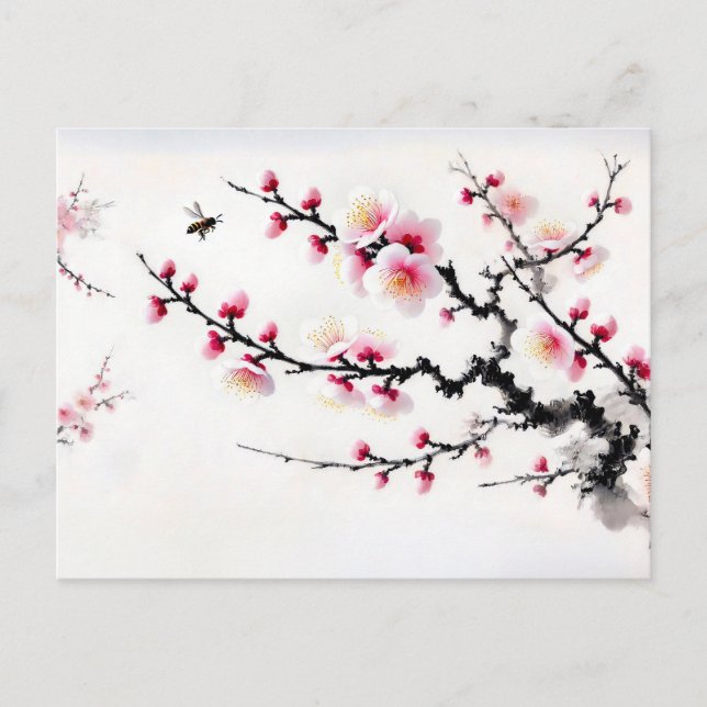 Cartes Pour Fêtes Annuelles Tableau d'encre asiatique en fleurs de cerisier (Devant)