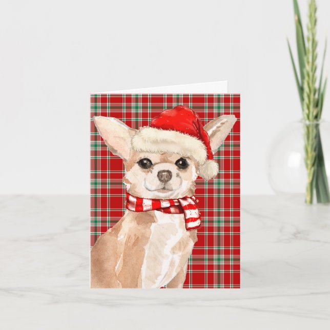 Cartes Pour Fêtes Annuelles Tan Chihuahua et Noël rouge (Devant)