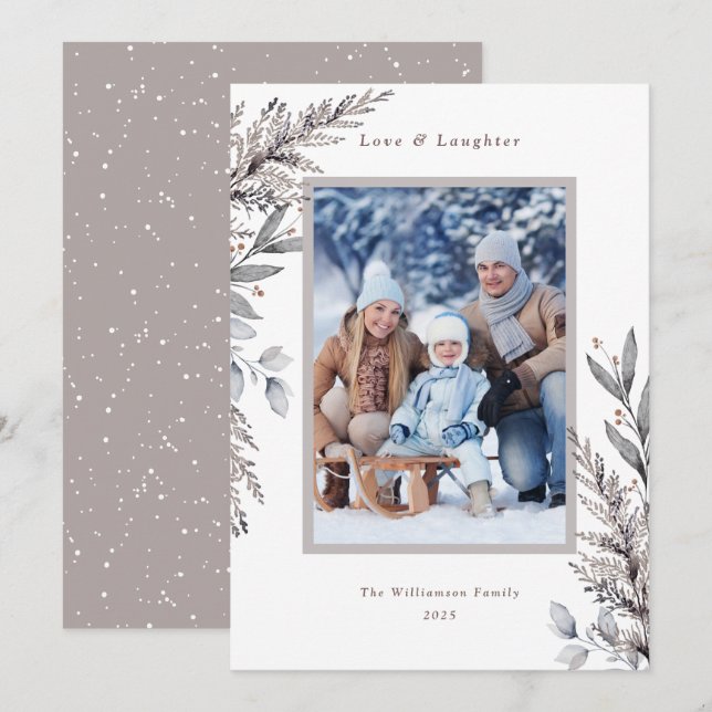 Cartes Pour Fêtes Annuelles Tan & Grey Winter Botanical Aquarelle Photo Holi (Devant / Derrière)