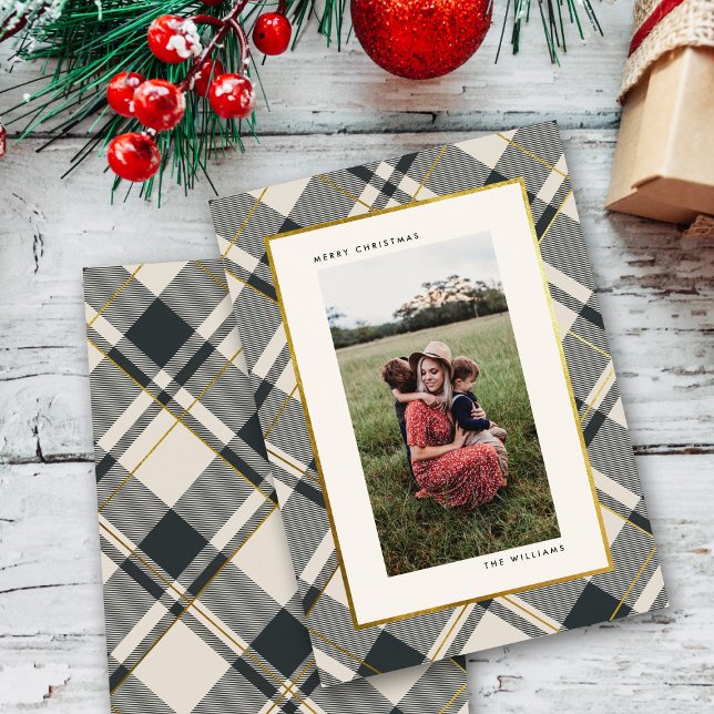 Cartes Pour Fêtes Annuelles Tartan beige et vert foncé Joyeux Noël Photo (Créateur téléchargé)
