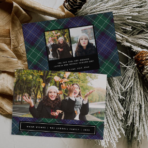 Cartes Pour Fêtes Annuelles Tartan bleu vert Plaid Photo double face
