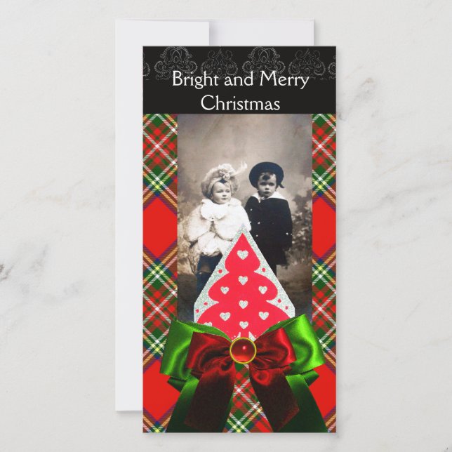 CARTES POUR FÊTES ANNUELLES TARTAN ÉCOSSAIS, ARBRE DE NOËL ET BOIS VERT ROUGE (Devant)
