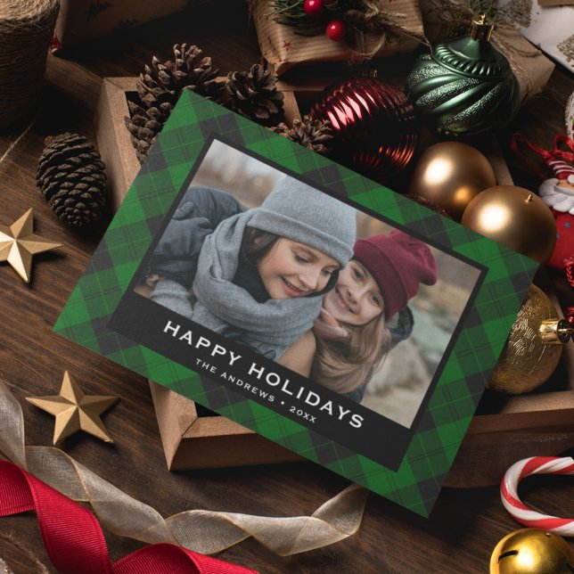 Cartes Pour Fêtes Annuelles Tartan Festif Vert et Noir Photo de Noël (Créateur téléchargé)