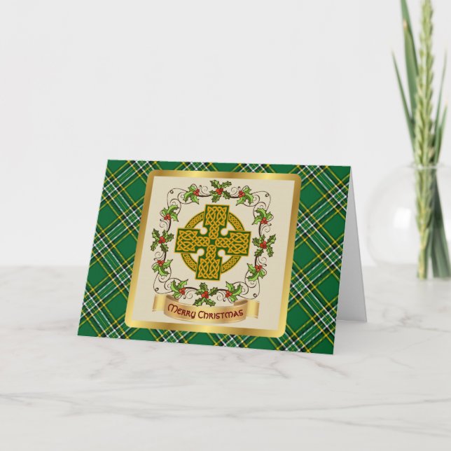 Cartes Pour Fêtes Annuelles Tartan national irlandais avec Croix celtique pers (Devant)