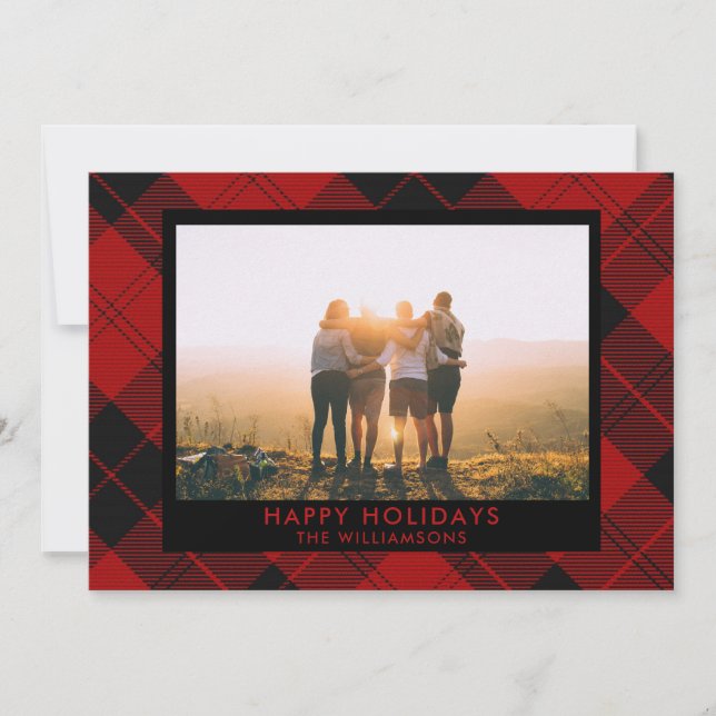 Cartes Pour Fêtes Annuelles Tartan Rouge Noir Photo Message Personnalisé (Devant)