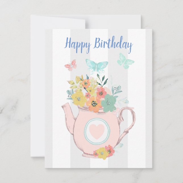 Cartes Pour Fêtes Annuelles Teapot rose avec Fleurs et Papillons Anniversaire (Devant)