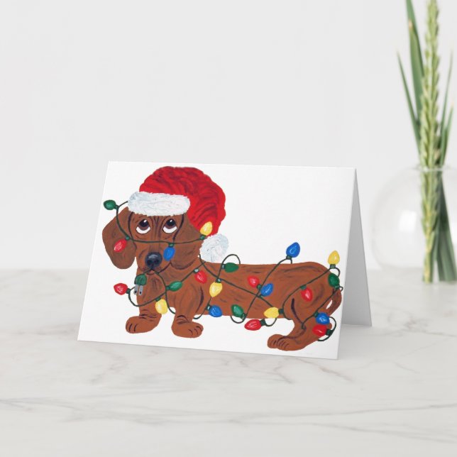 Cartes Pour Fêtes Annuelles Teckel embrouillé dans des lumières de Noël (Devant)