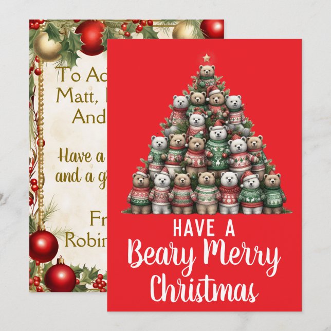 Cartes Pour Fêtes Annuelles Teddy Bear Beary Joyeux sapin de Noël (Devant / Derrière)