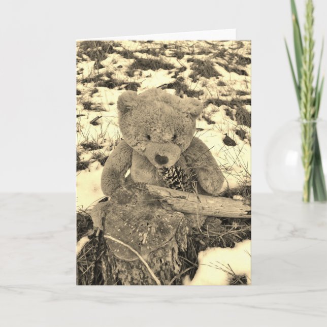 Cartes Pour Fêtes Annuelles Teddy Bear dans le ton Holly, Sepia (Devant)