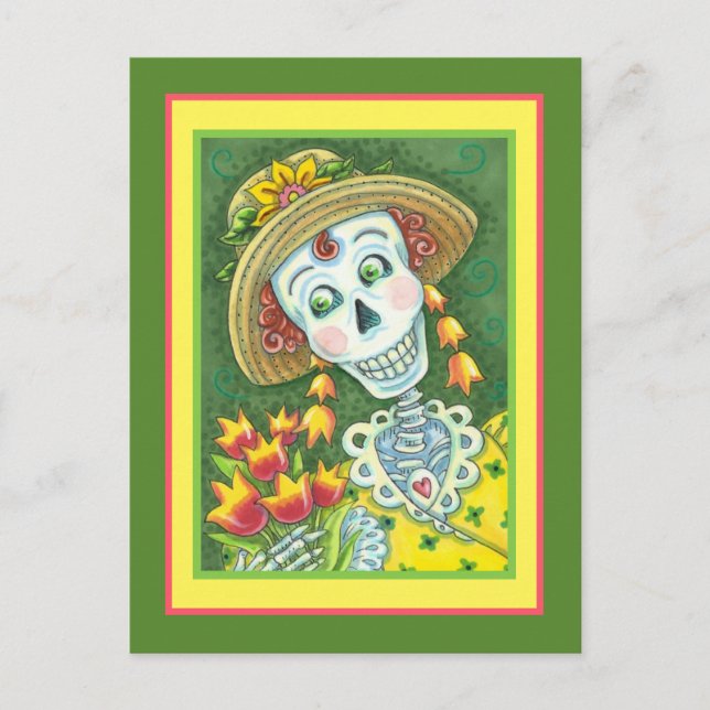 CARTES POUR FÊTES ANNUELLES TEMPS DE PRINTEMPS SKELLY ET TULIPS, LADY SKELETON (Devant)
