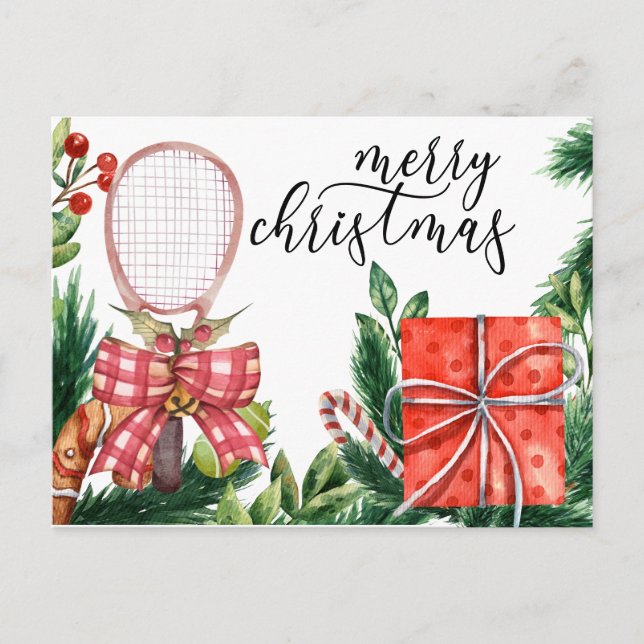 Cartes Pour Fêtes Annuelles Tennis Noël avec aquarelle raquette (Devant)