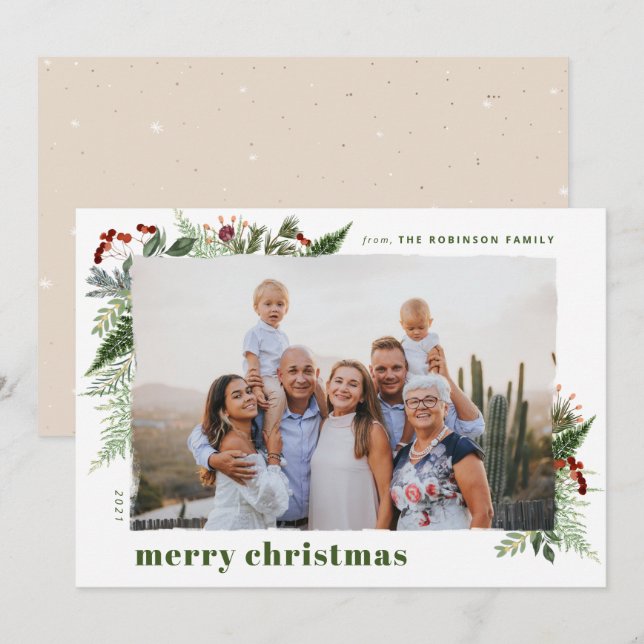 Cartes Pour Fêtes Annuelles Terre Boho Vert Sèche Brosse de Noël Photo (Devant / Derrière)