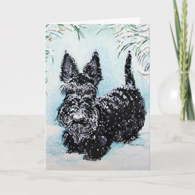 Cartes Pour Fêtes Annuelles Terrier écossais en neige tombante (Devant)