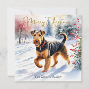 Cartes Pour Fêtes Annuelles Tervueren Airedale Terrier dans la neige en hiver 